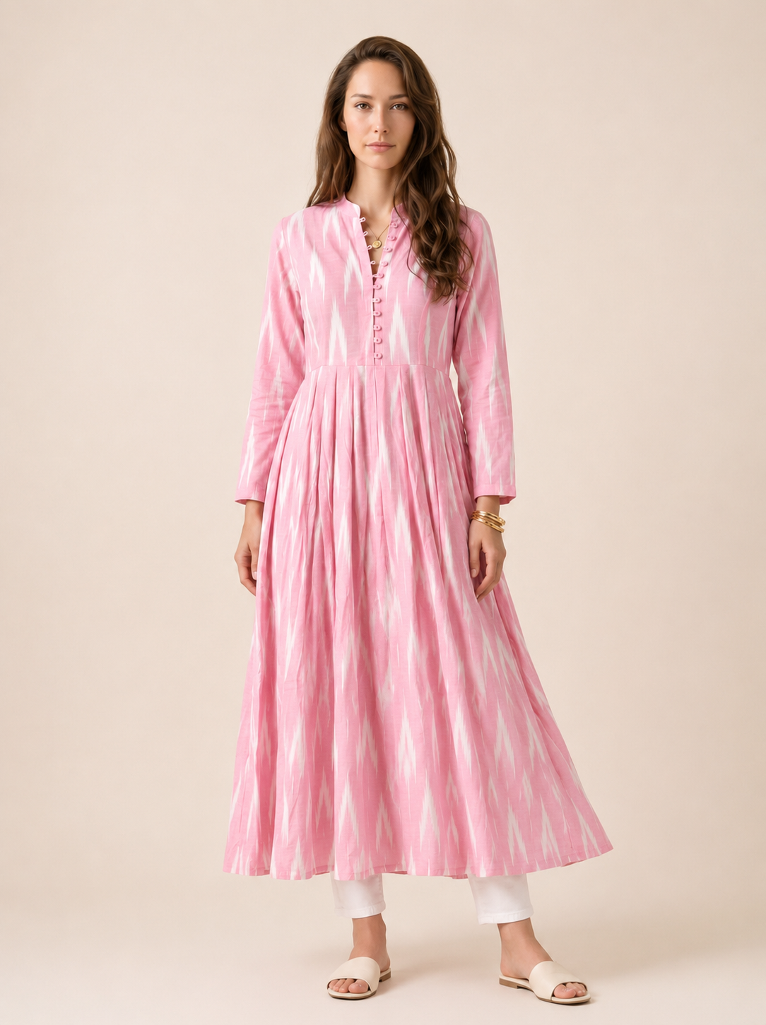 Blush Pink Ikat Print Cotton Maxi Dress for Women – The Summer Holiday Collection