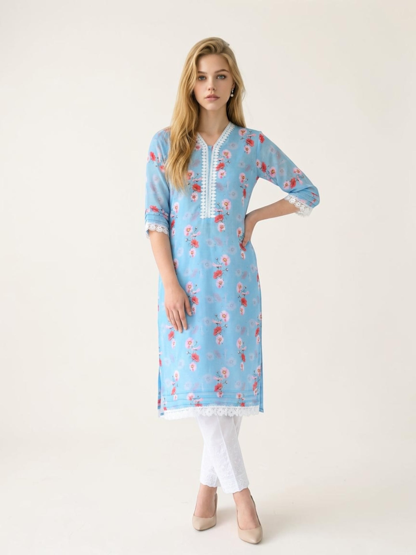Powder Blue Floral Cotton Kurti