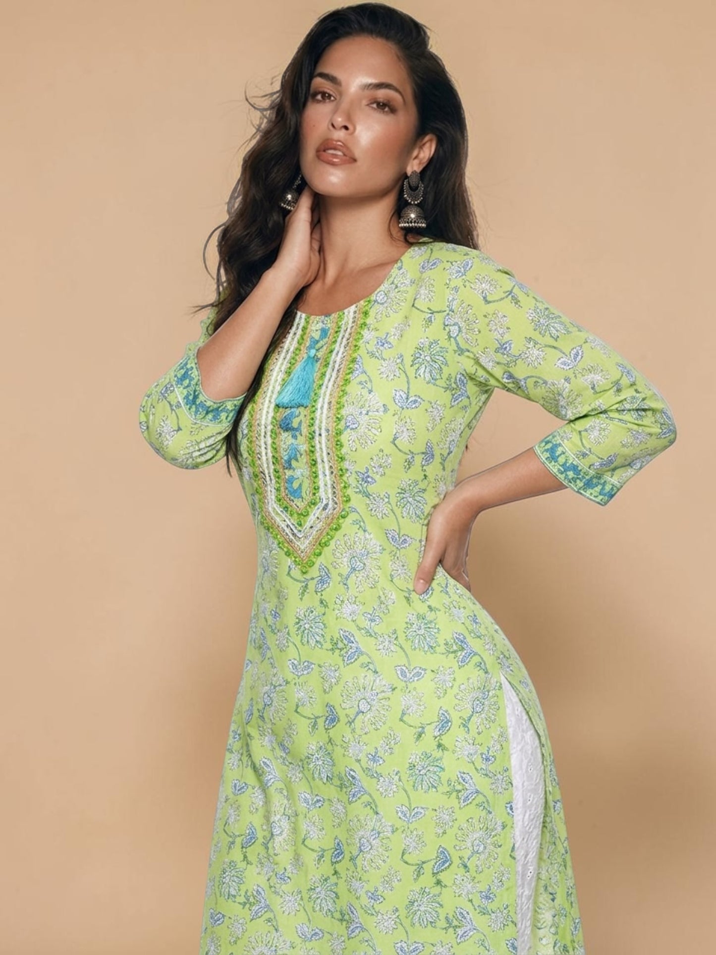 Lime Meadow Cotton Embellished Kurti