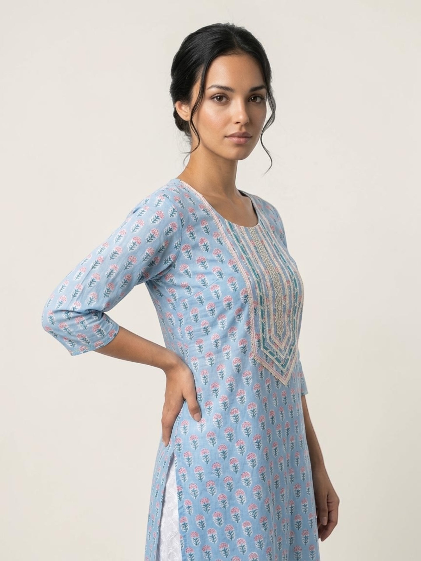 Block Printed Stitched Cotton Kurti With Gota / Lace Work