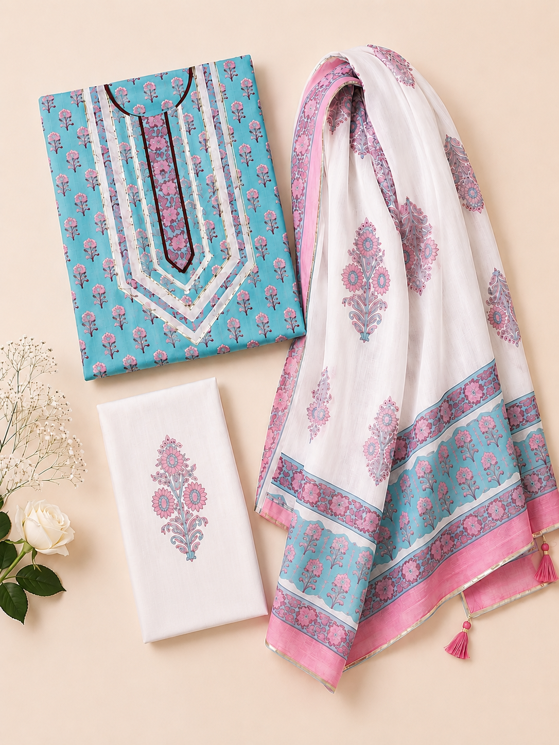 Rangmahal Sky Bloom Hand Block Printed Cotton Suit Set with Mul Mul Dupatta