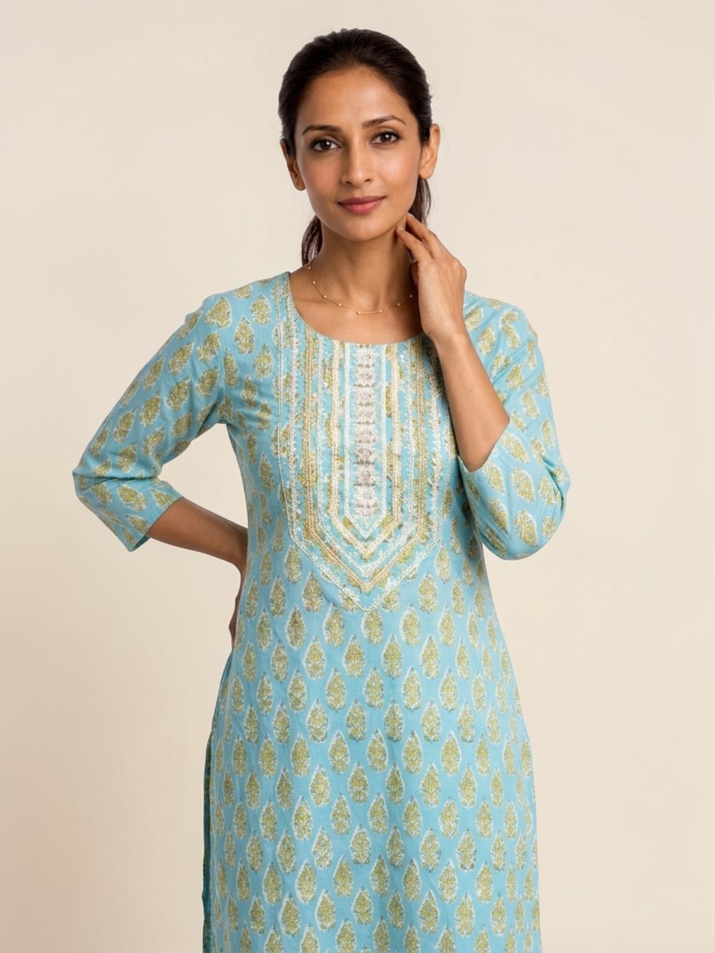 Aqua Noor Hand Block Cotton Kurti