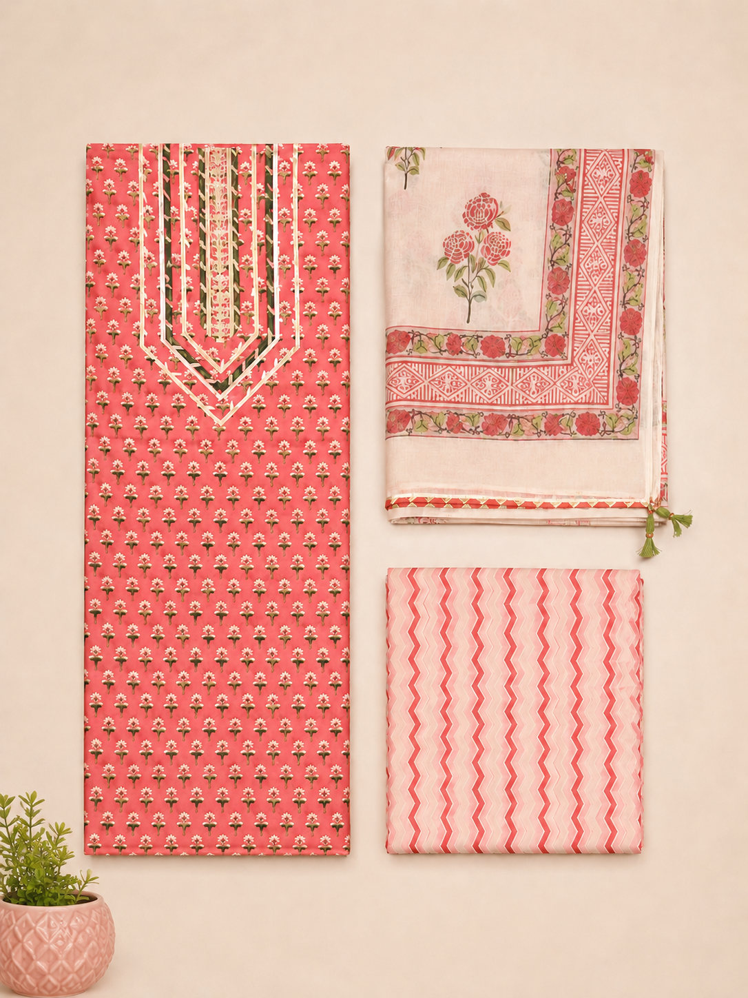 Rangmahal Rangrez Floral Cotton Suit Fabric Set with Mul Mul Dupatta