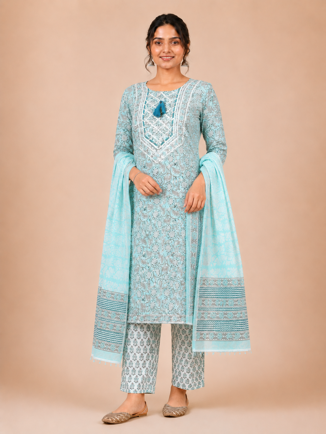 Rangmahal Sky Blue Sanganeri Hand Block Printed Cotton Suit Set
