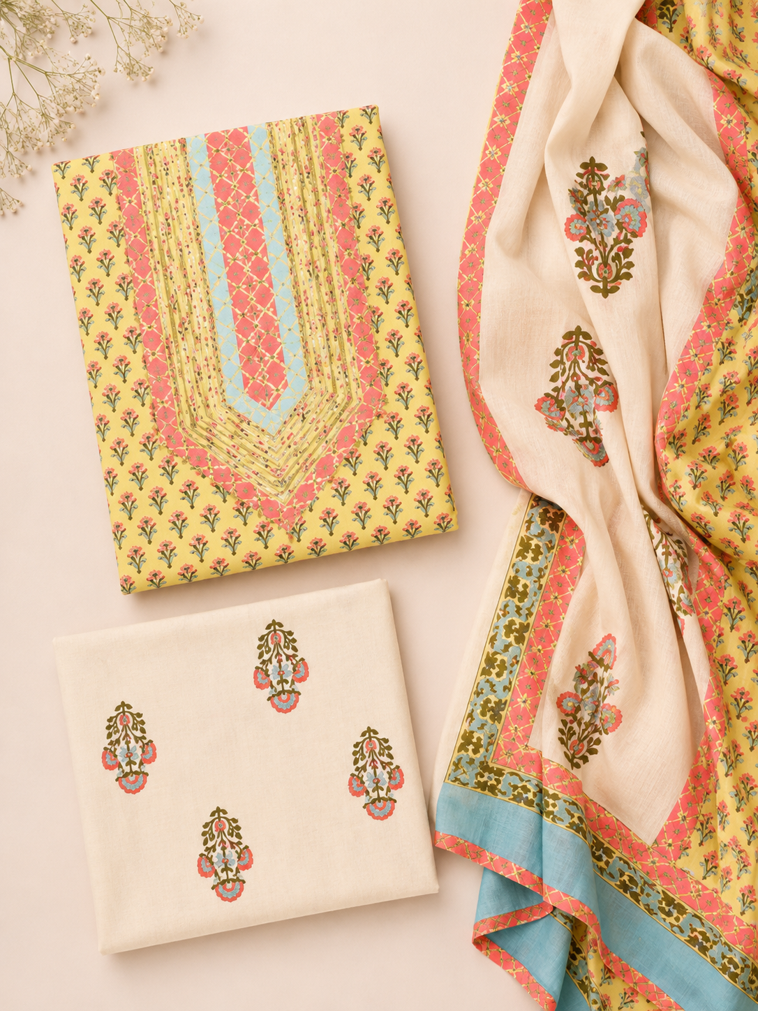 Rangmahal Gulnaar Cotton Fabric Set with Mul Mul Dupatta