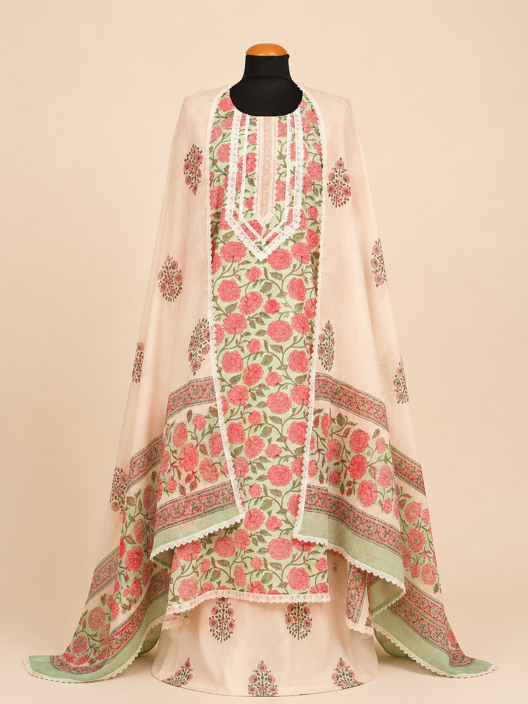 Rangmahal Blush Garden Sanganeri Hand Block Printed Cotton Suit Set with Mul Mul Dupatta