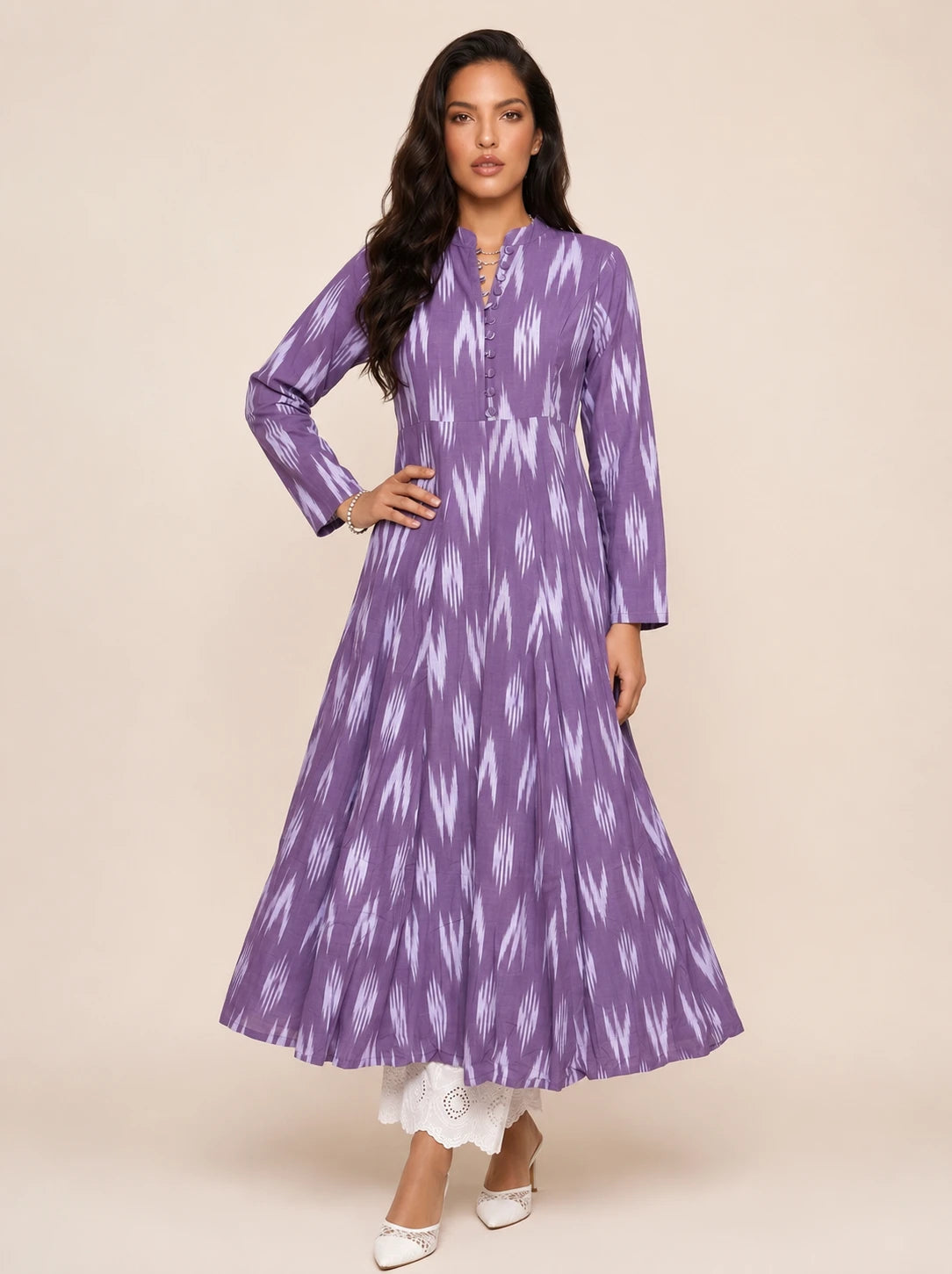 Lavender Ikat Print Cotton Maxi Dress for Women – The Summer Holiday Collection
