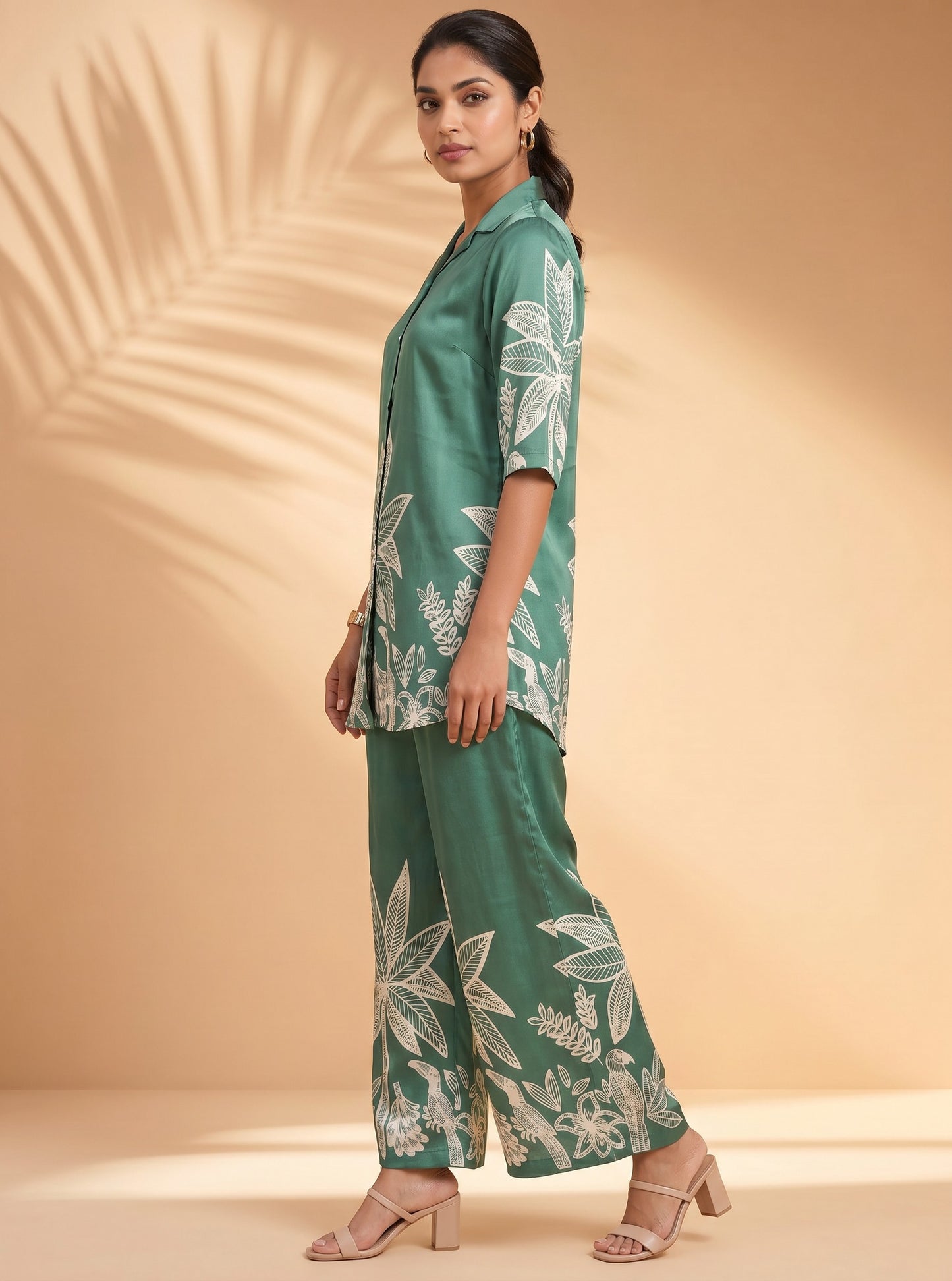 Emerald Palm Satin Kurta & Palazzo Set