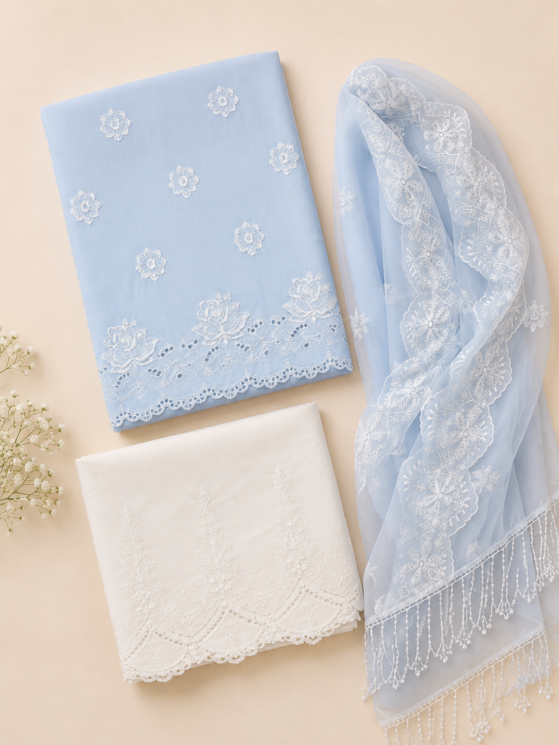 Sitara Powder Blue Embroidered Fabric Set