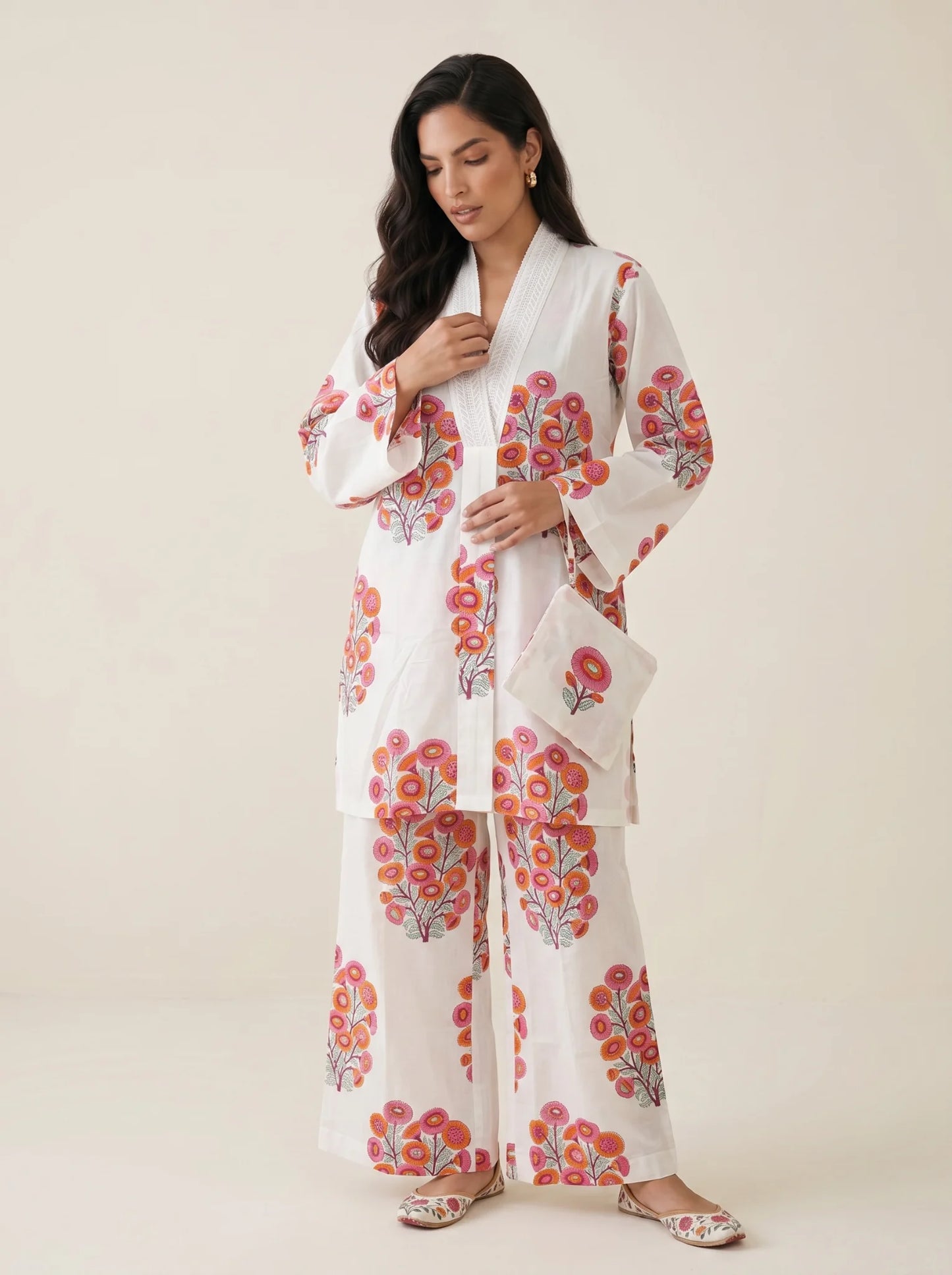 Coral Bloom Hand Block Printed Cotton Co-Ord Set for Women