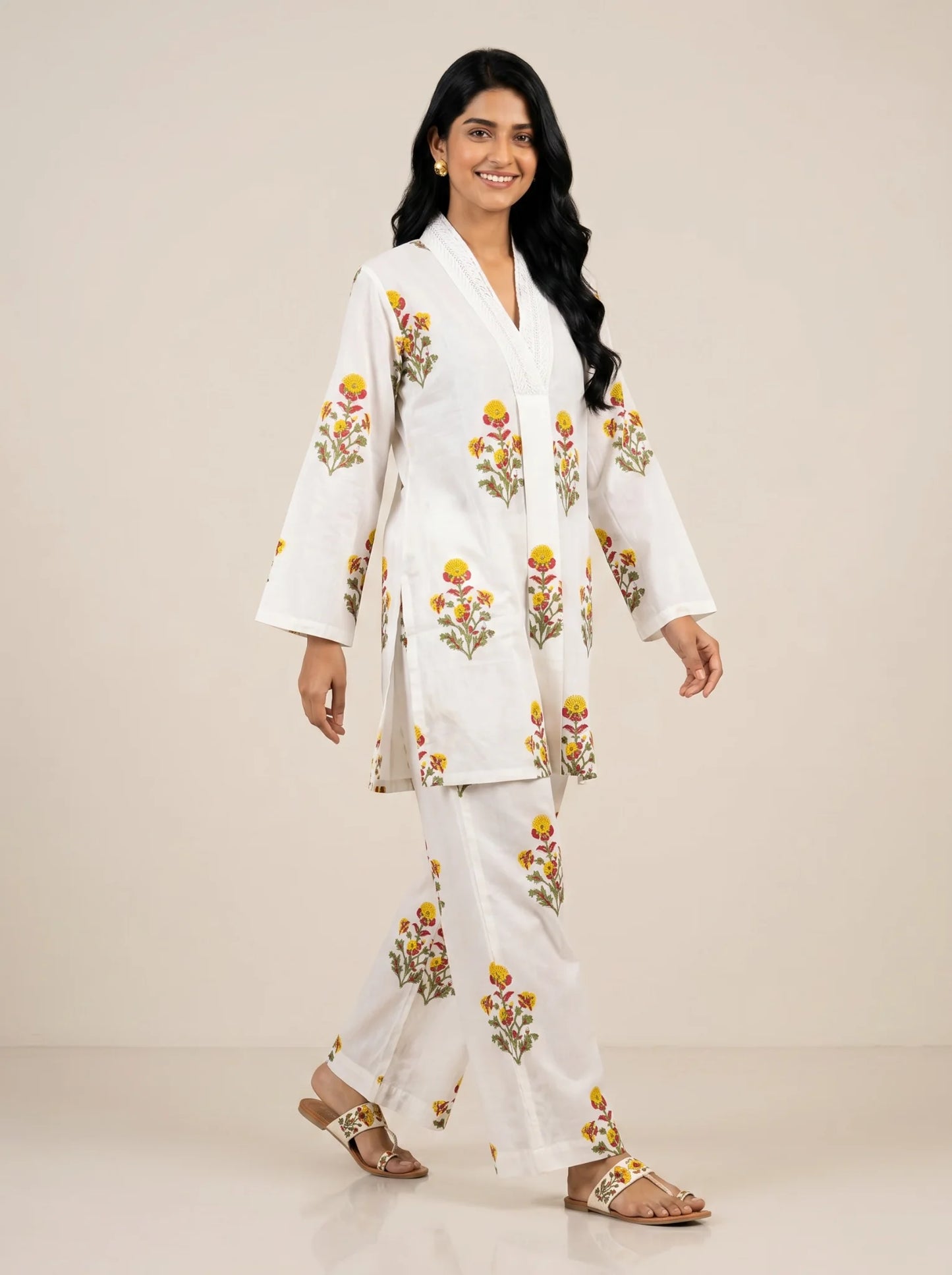 Crimson Bloom Ivory Premium Hand Block Printed Cotton Co-Ord Set