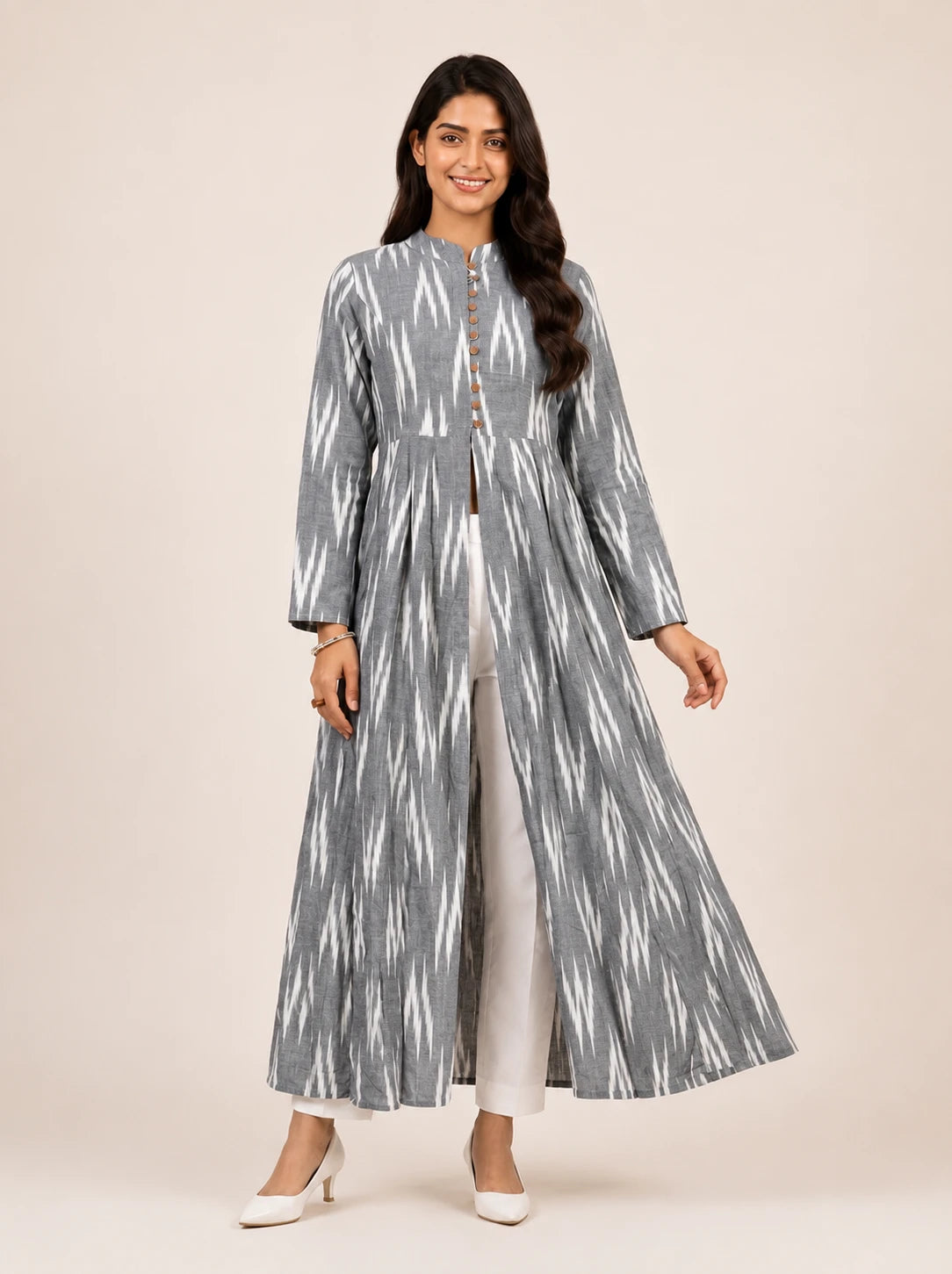 Grey Ikat Print Cotton Front Slit Maxi Dress for Women – Summer Holiday Collection