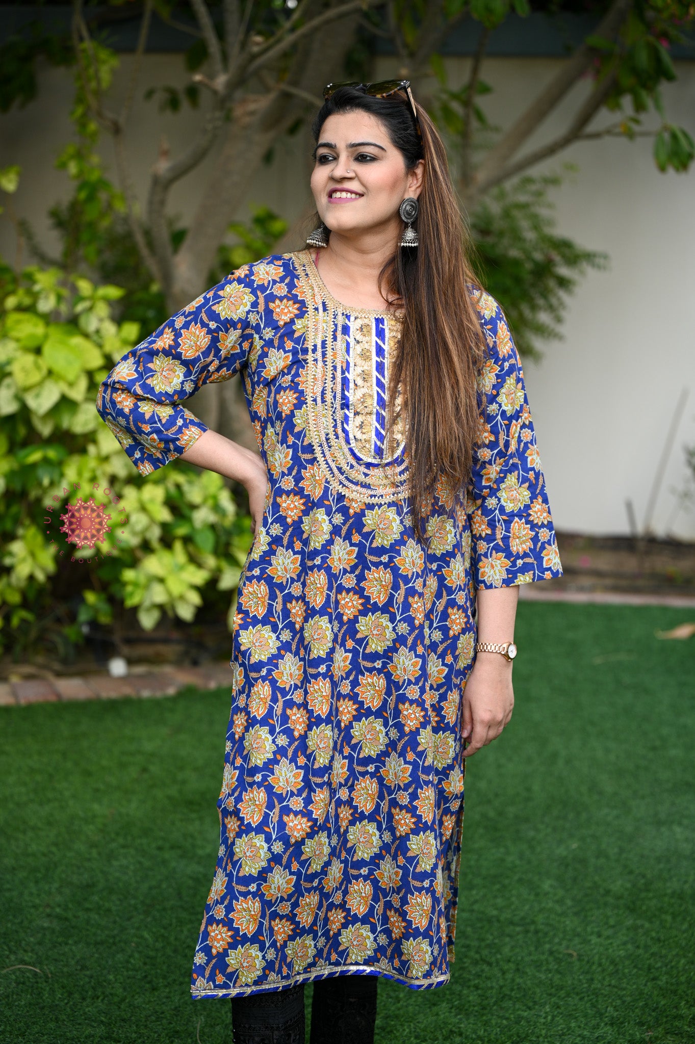 Block Printed Stitched Cotton Kurti With Gota / Lace Work