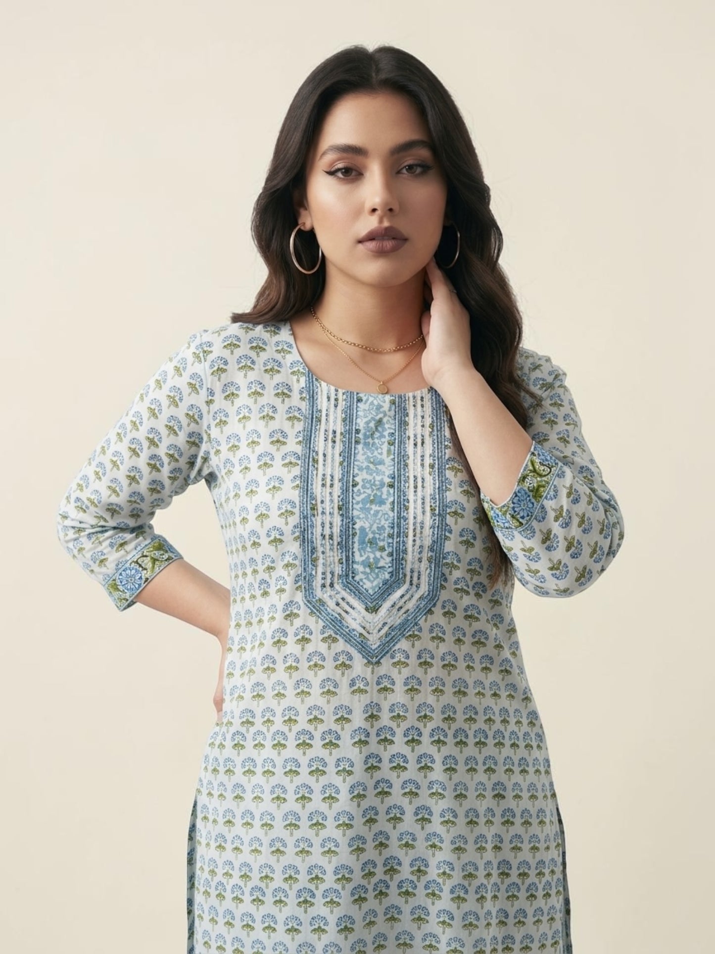 Block Printed Stitched Cotton Kurti With Gota / Lace Work