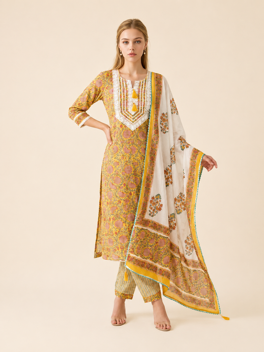 Rangmahal Jaipur Hand Block Printed Cotton Fabric Set with Mul Mul Dupatta & Gota Lace Work