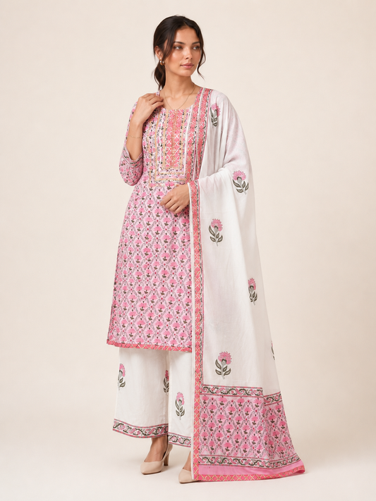 Rangmahal Rose Petal Sanganeri Hand Block Printed Cotton Suit Set with Palazzo Pants
