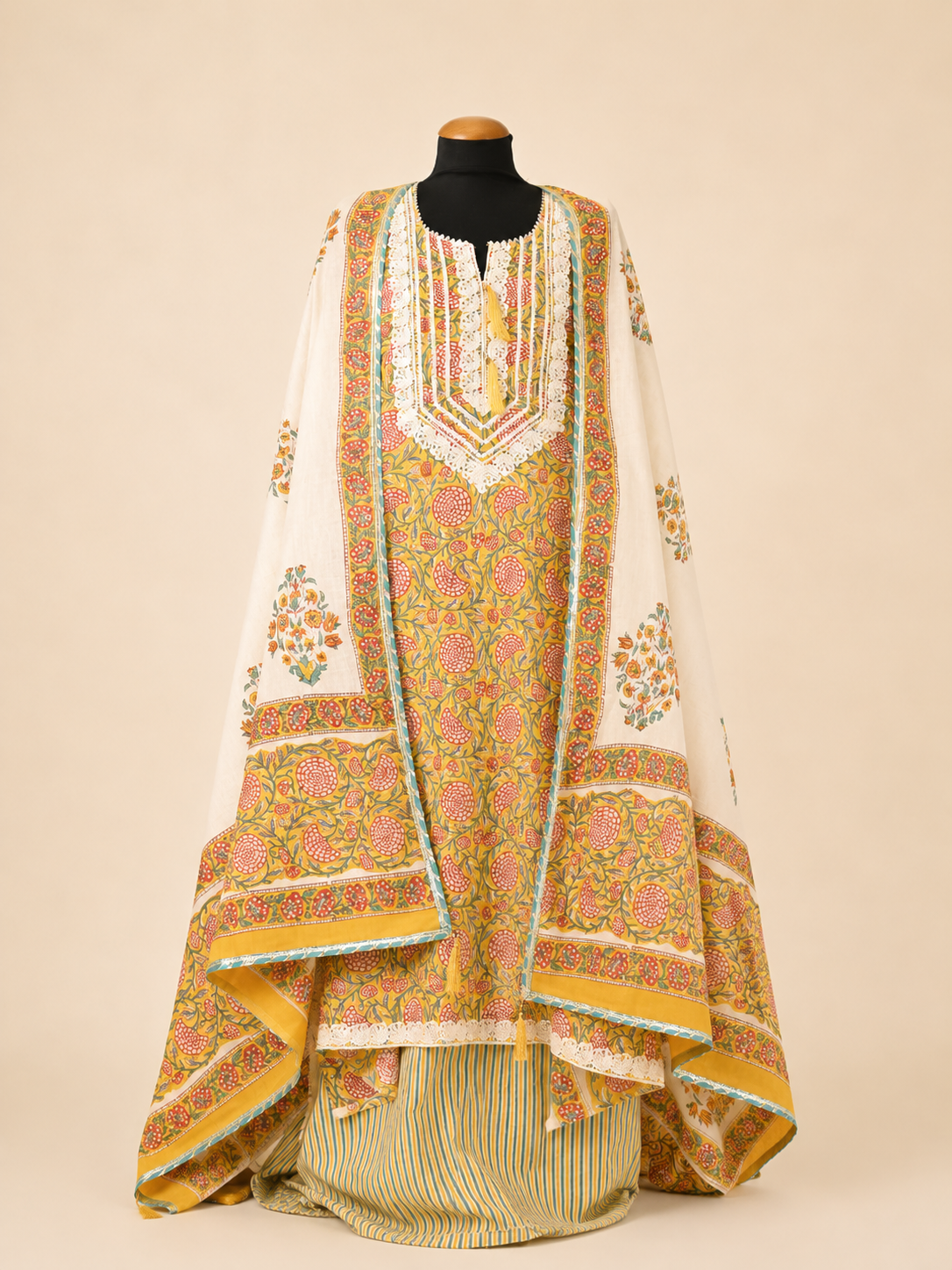 Rangmahal Jaipur Hand Block Printed Cotton Fabric Set with Mul Mul Dupatta & Gota Lace Work