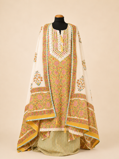 Rangmahal Jaipur Hand Block Printed Cotton Fabric Set with Mul Mul Dupatta & Gota Lace Work