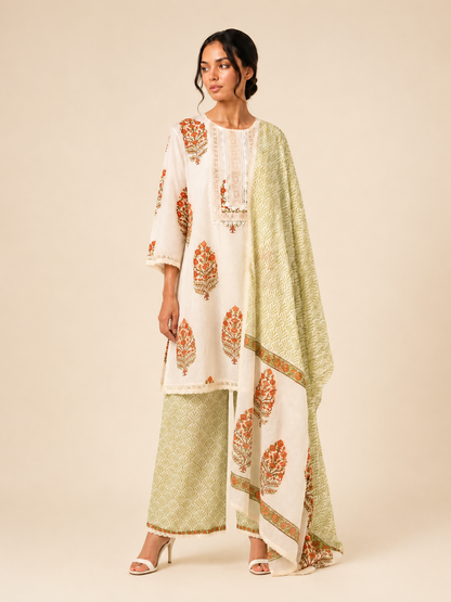 Ivory Meadow Hand Block Printed Cotton Kurta Palazzo Set with Dupatta
