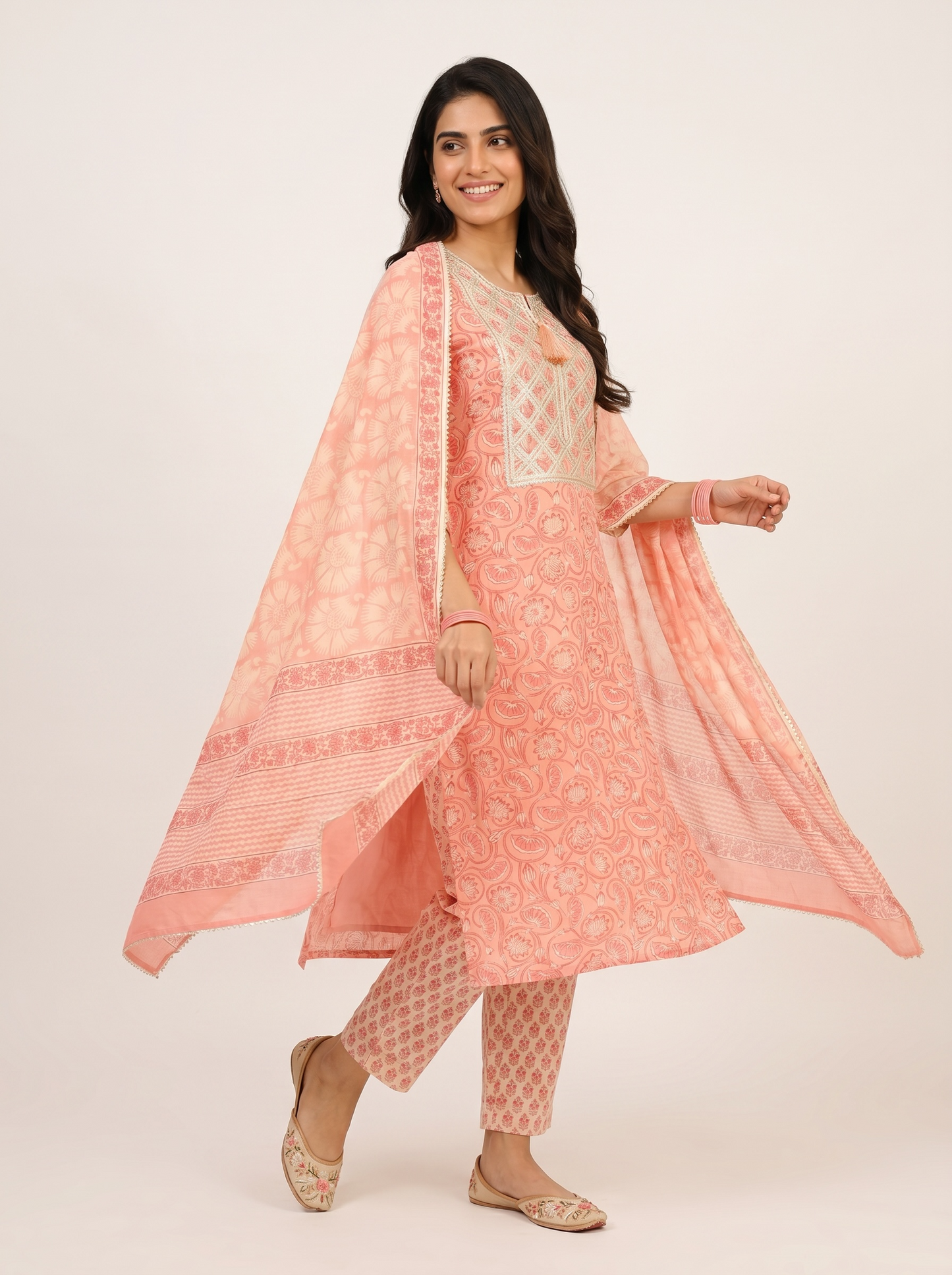 Rangmahal Peach Cotton Suit Fabric Set
