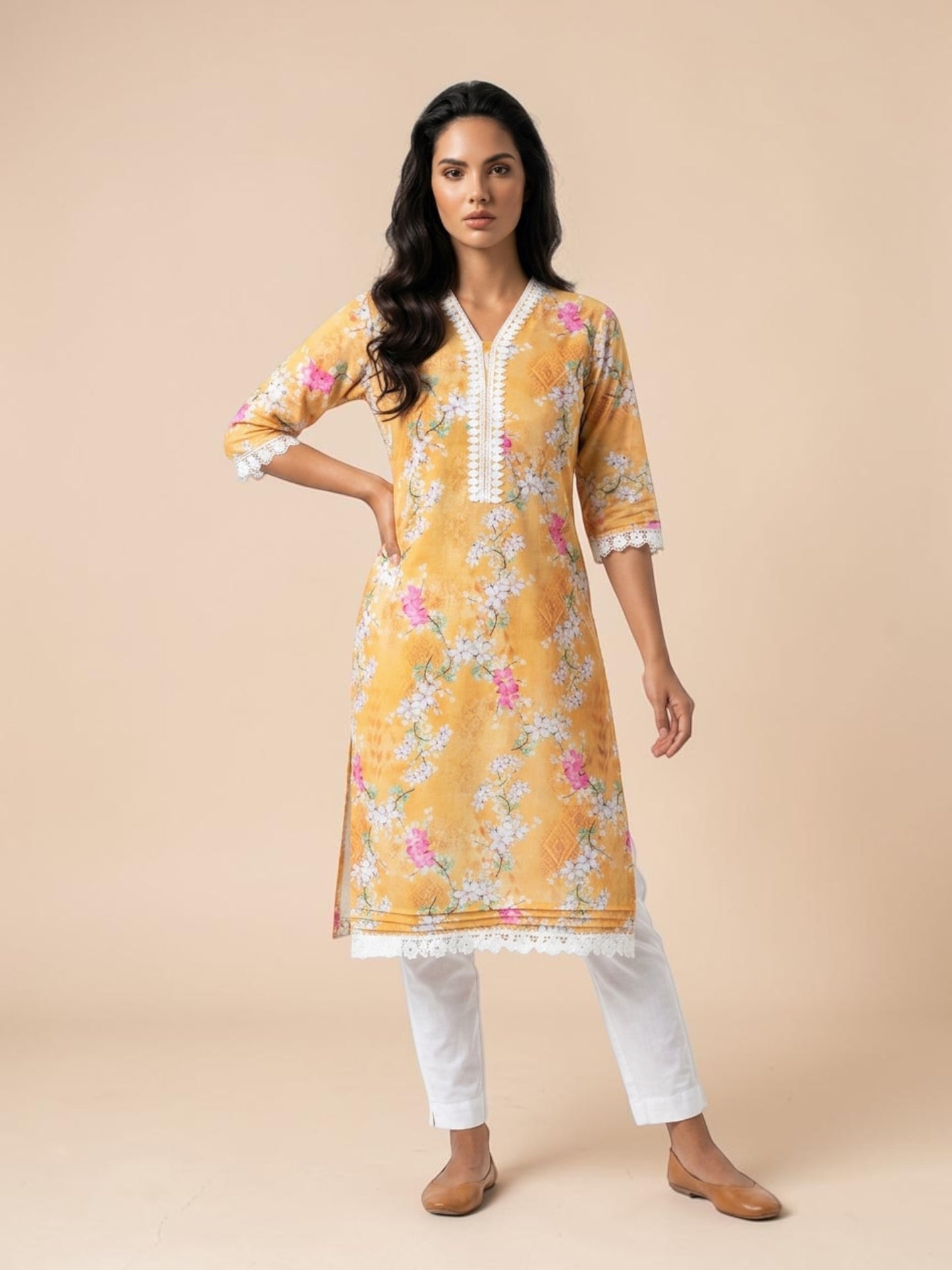 Sunshine Blossom Cotton Lace Kurti