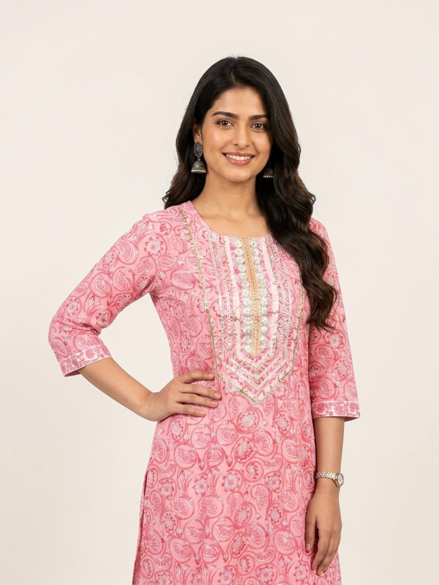 Block Printed Stitched Cotton Kurti With Gota / Lace Work