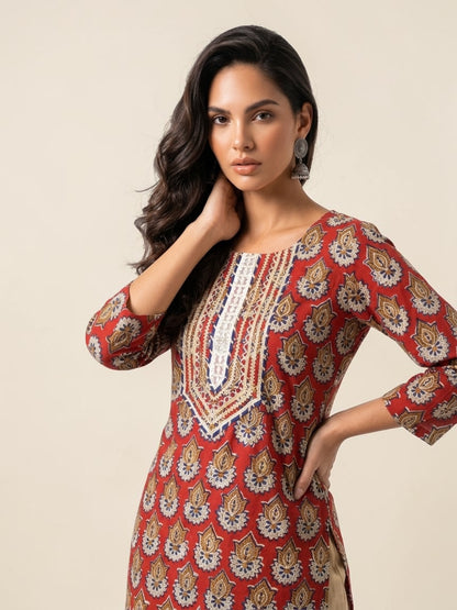 Block Printed Stitched Cotton Kurti With Gota / Lace Work