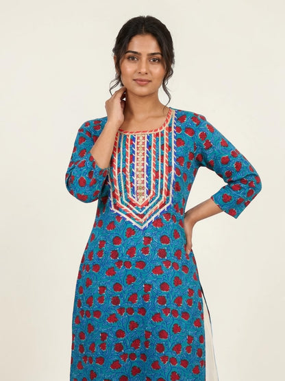 Block Printed Stitched Cotton Kurti With Gota / Lace Work