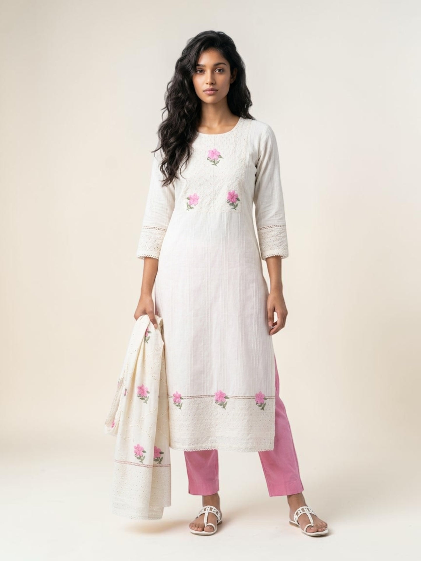 Ivory Blossom Embroidered Cotton Stitched Straight Suit Set with Cotton Dupatta
