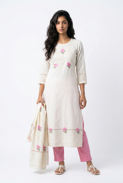 Cotton Cut Work Suit With Straight Pants