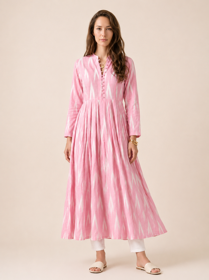 Blush Pink Ikat Print Cotton Maxi Dress for Women – The Summer Holiday Collection