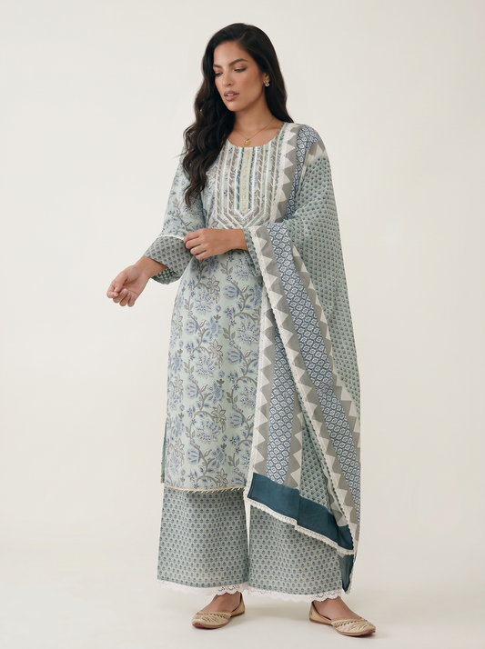 Rangmahal Blue Cotton Suit Fabric Set