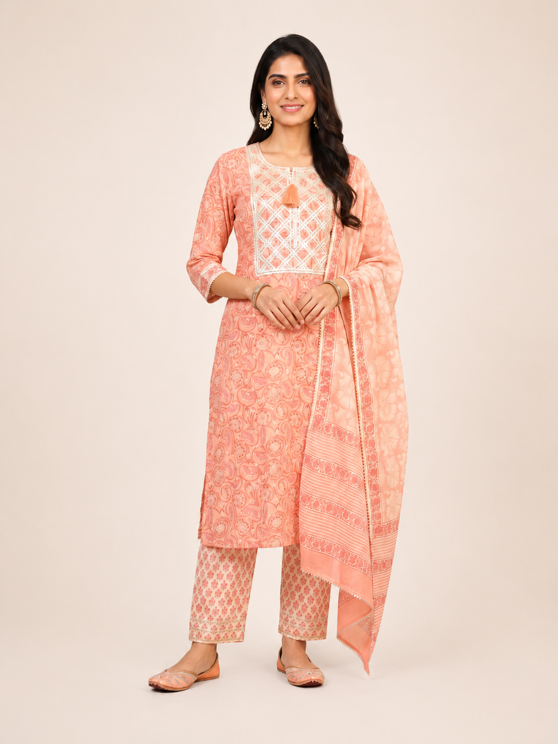 Rangmahal Peach Cotton Suit Fabric Set