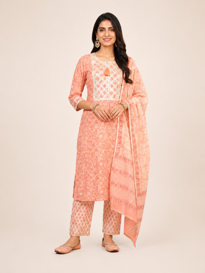 Rangmahal Peach Cotton Suit Fabric Set