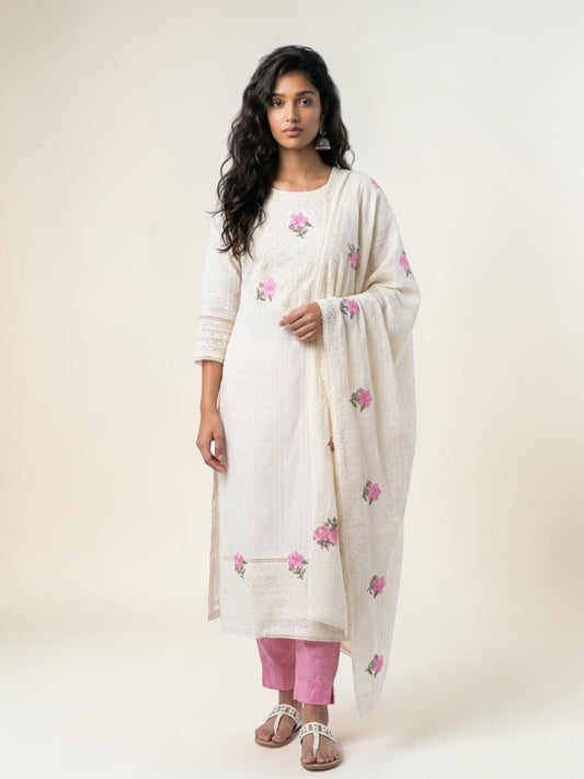 Ivory Blossom Embroidered Cotton Stitched Straight Suit Set with Cotton Dupatta