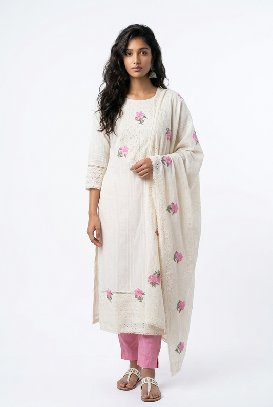 Cotton Cut Work Suit With Straight Pants