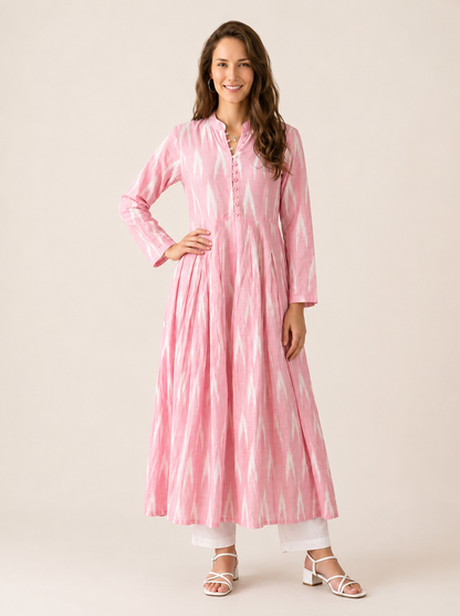 Blush Pink Ikat Print Cotton Maxi Dress for Women – The Summer Holiday Collection