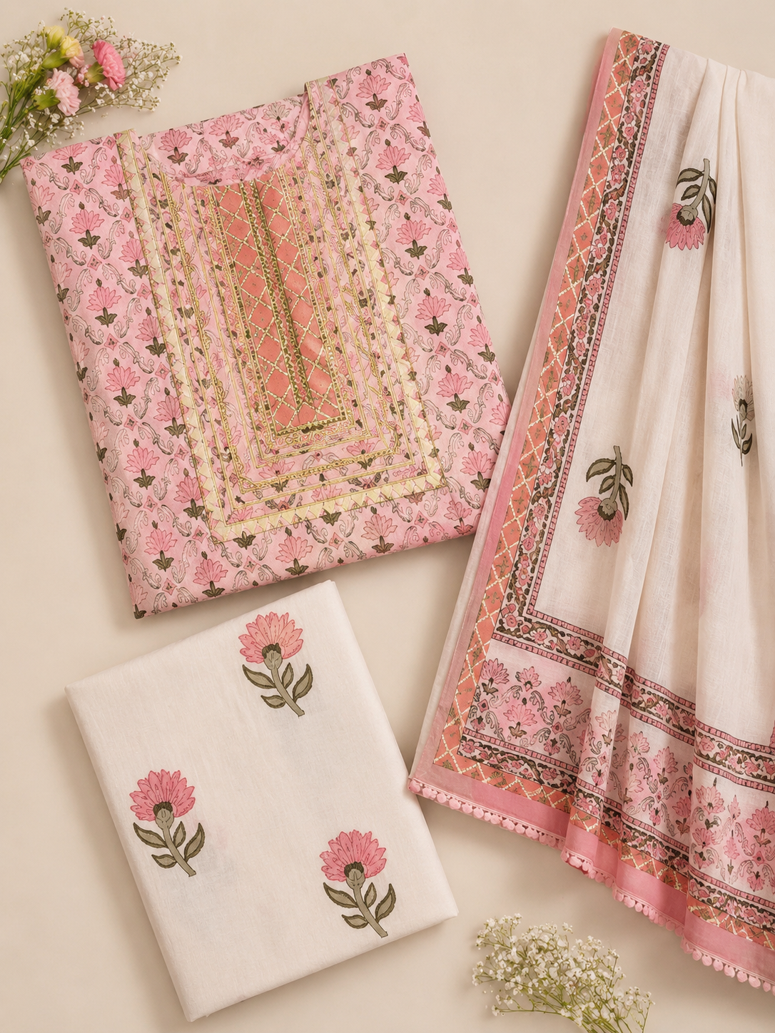 Rangmahal Rose Pink Cotton Suit Fabric Set