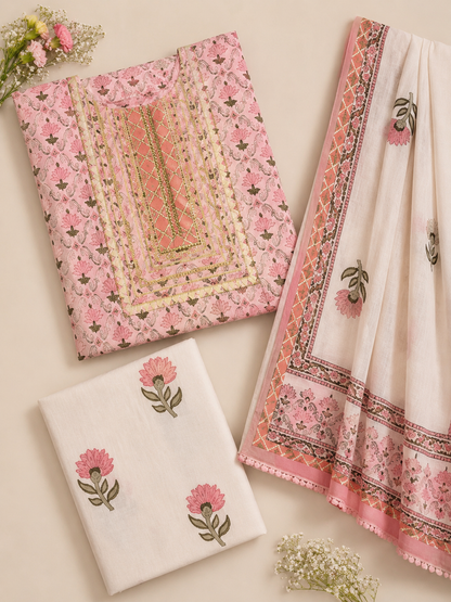 Rangmahal Rose Pink Cotton Suit Fabric Set
