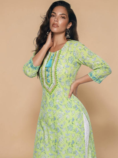 Lime Meadow Cotton Embellished Kurti