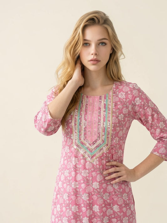 Block Printed Stitched Cotton Kurti With Gota / Lace Work