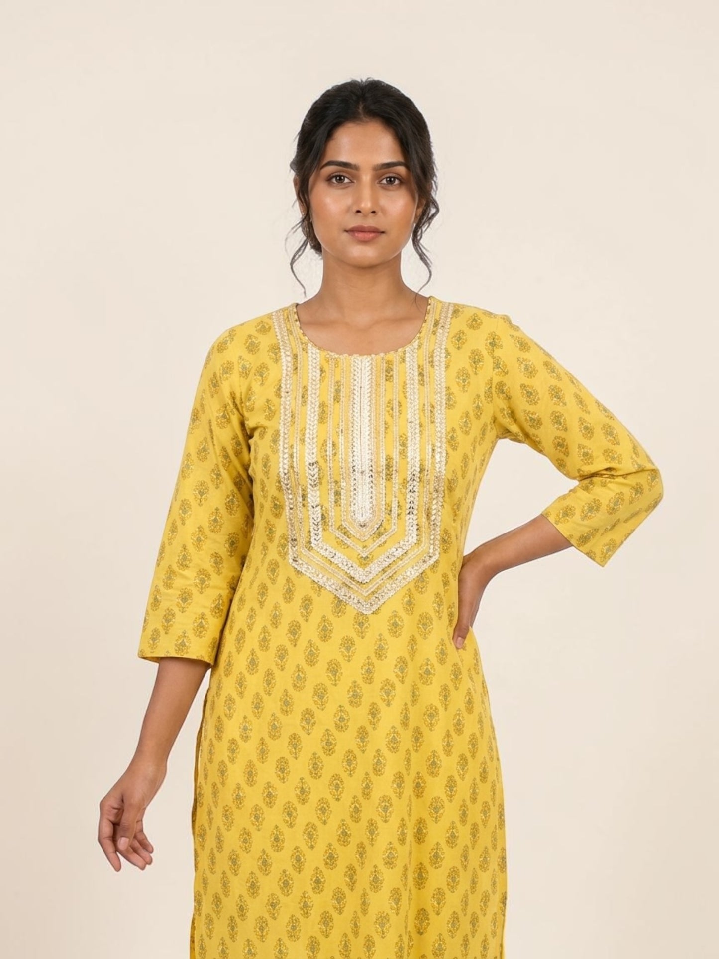 Block Printed Stitched Cotton Kurti With Gota / Lace Work