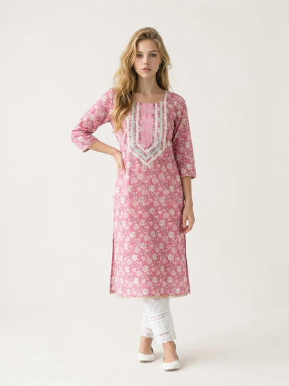 Block Printed Stitched Cotton Kurti With Gota / Lace Work