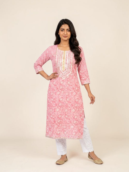 Block Printed Stitched Cotton Kurti With Gota / Lace Work