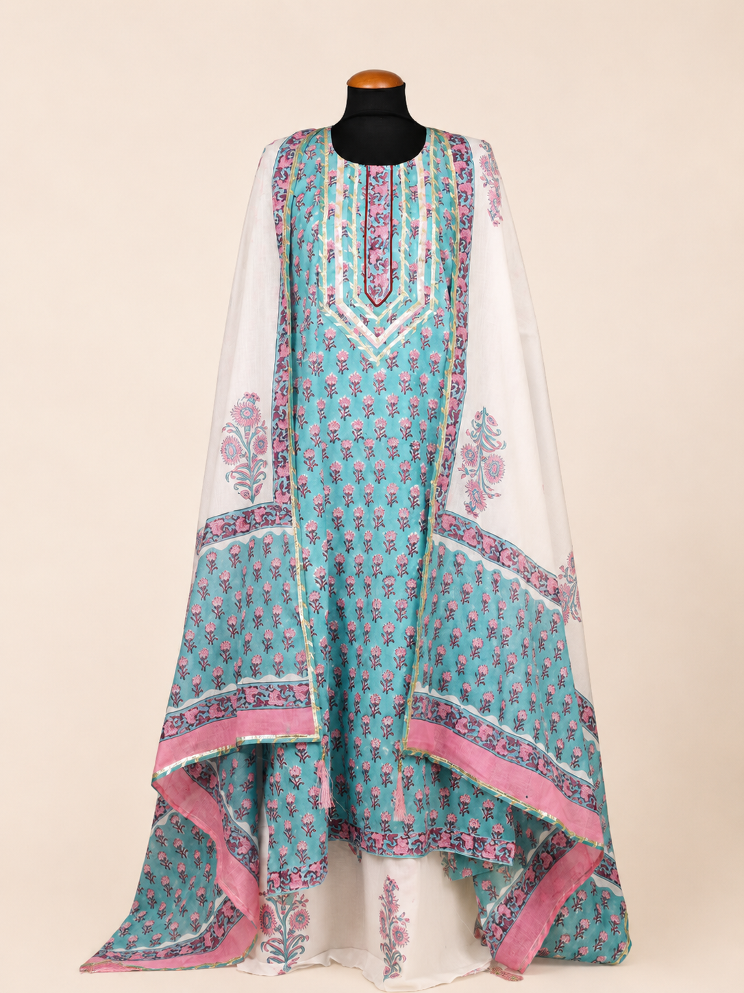 Rangmahal Sky Bloom Hand Block Printed Cotton Suit Set with Mul Mul Dupatta