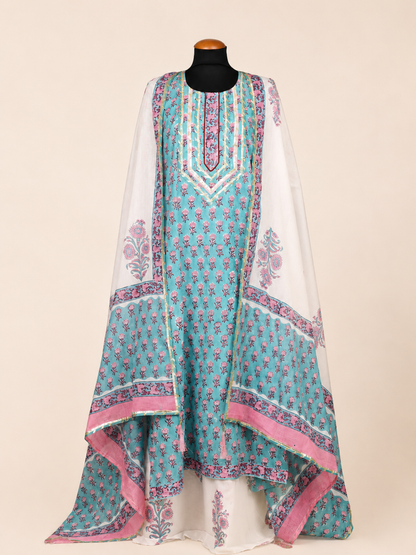 Rangmahal Sky Bloom Hand Block Printed Cotton Suit Set with Mul Mul Dupatta