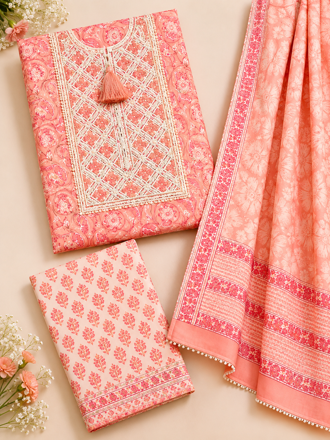 Rangmahal Peach Cotton Suit Fabric Set