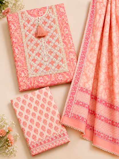Rangmahal Peach Cotton Suit Fabric Set