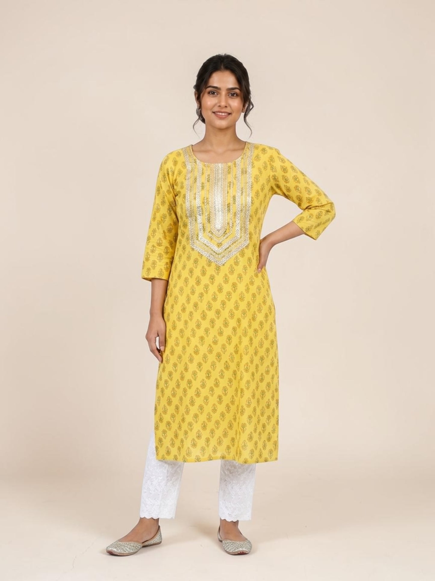 Block Printed Stitched Cotton Kurti With Gota / Lace Work