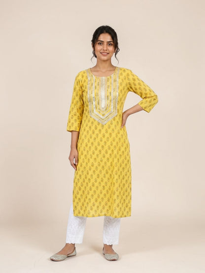 Block Printed Stitched Cotton Kurti With Gota / Lace Work
